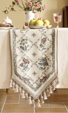 patdrea Designer Vintage Floral Linen Table Runner 87 Inch Long, Beige